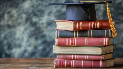 Stack of books with a graduation cap on top, symbolizing literature or teaching degree