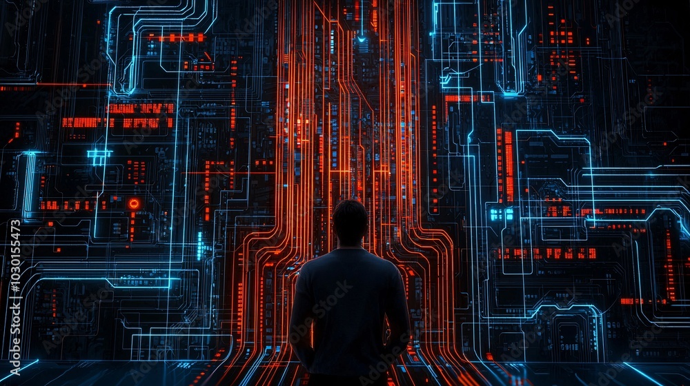 Aufkleber an abstract visual of an internet user, their personal data flowing through glowing cables secured b