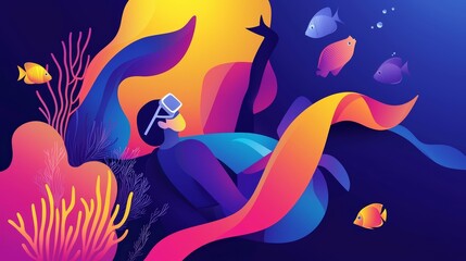 Obraz premium A marine biologist in scuba gear, swimming alongside colorful fish, with coral reefs and underwater plants surrounding the scene