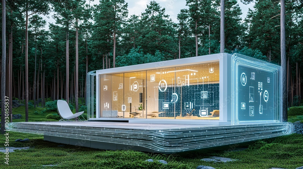 Poster a futuristic smart home surrounded by a digital fence made of security symbols and encrypted data, r