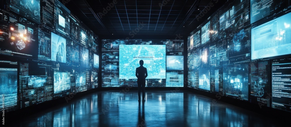 Poster a single figure stands in a room surrounded by large screens displaying data, code, and information.