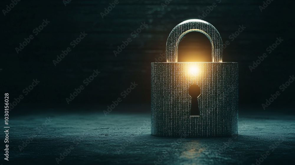 Poster a detailed, glowing data key being inserted into a padlock made of binary code, unlocking a secure d