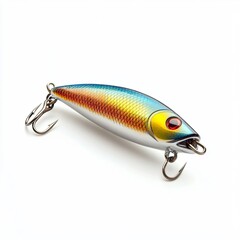 Close up green tiger minnow fishing lure with treble hook on isolated white background.