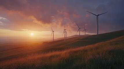 Obraz premium Breathtaking sunset over wind turbines a glimpse into sustainable energy and nature's beauty in harmony