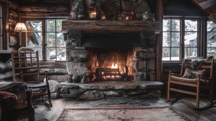 Rustic stone fireplace in a mountain cabin