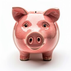 Pink ceramic piggy bank for saving money, isolated on white background