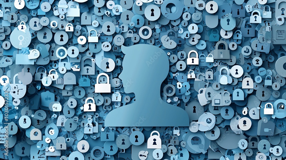 Poster a user profile surrounded by padlocks, privacy settings, and encrypted code, representing how person