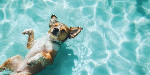 A happy dog floats peacefully in a bright blue pool. The water shimmers in the sunlight. This adorable pet captures joy and relaxation. Perfect for animal lovers and summer themes. AI