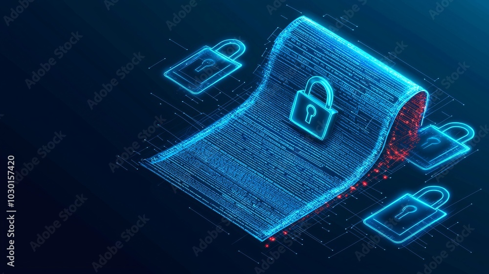 Poster a glowing privacy policy document with digital padlocks surrounding it, while a hacker tries to brea
