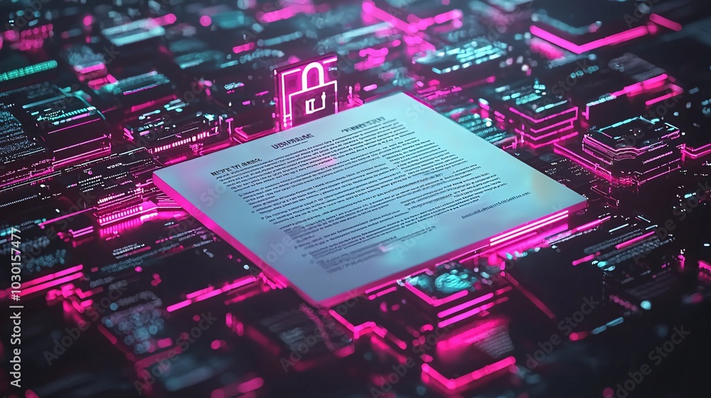 Poster a glowing privacy policy document with digital padlocks surrounding it, while a hacker tries to brea