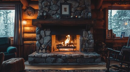 Rustic stone fireplace in a mountain cabin