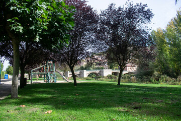 Vista del puente desde el parque junto al río de Pampliega, Burgos (España)
