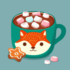 Mug of hot chocolate with fox with marshmallow and gingerbread on book. Festive Christmas sweets. Flat vector illustration