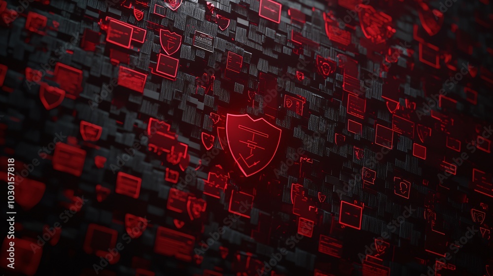 Poster a hacker surrounded by layers of red 'access denied' shields, as encrypted personal data flows past 