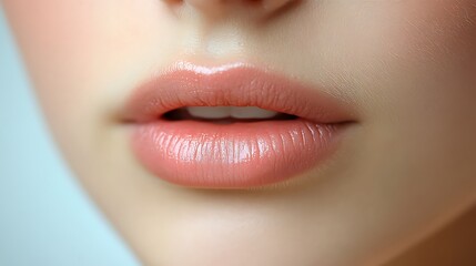Fototapeta premium Stock photo featuring a frontal view of a womans face, highlighting the delicate balance of her natural lips and the use of medical materials in cosmetic enhancements.