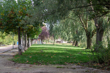 Parque y jardines verdes en un día soleado situado en Pampliega (Burgos), España