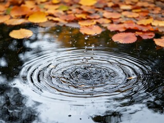 Water droplets splash and create ripples in a pond, with autumn leaves floating on the surface.