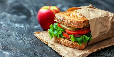 Healthy lunch idea with a sandwich stacked with fresh vegetables and apple on a rustic backdrop