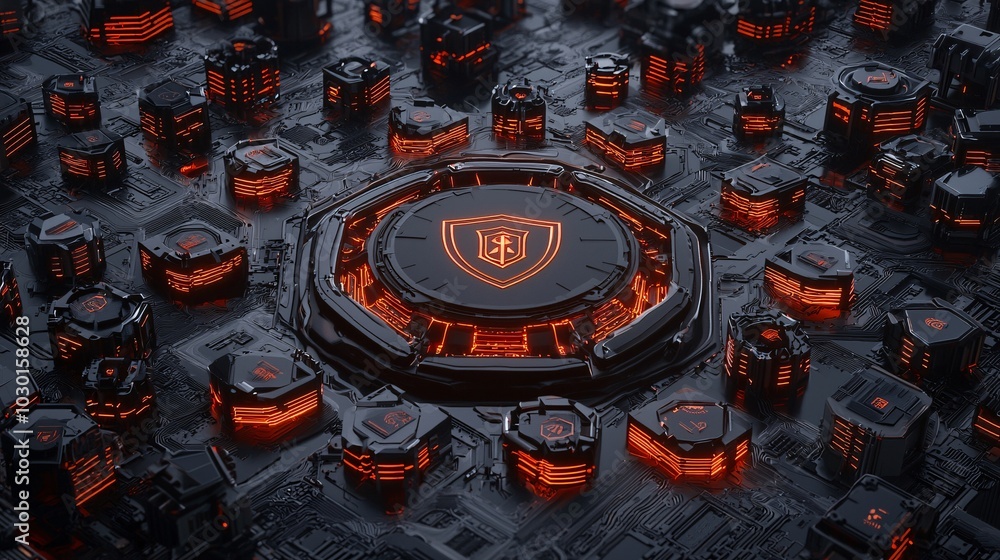 Poster a conceptual image of data breach protection, showing glowing shields rising from the ground to bloc
