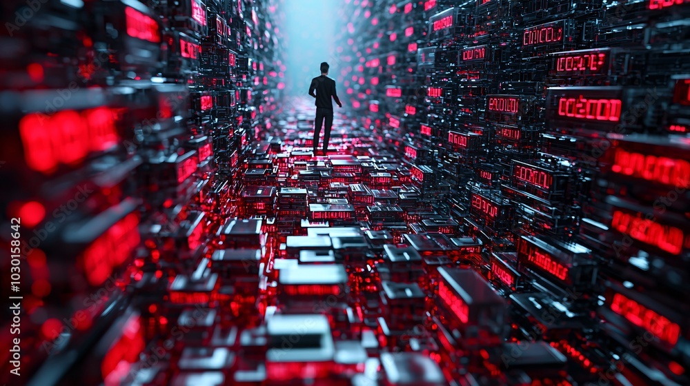 Poster a hacker surrounded by layers of red 'access denied' shields, as encrypted personal data flows past 
