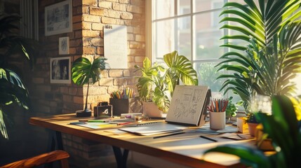 Fototapeta premium Bright and Lively Home Office with Plants, Natural Light, and Artistic Supplies