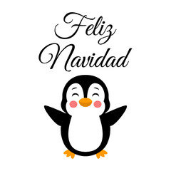Logo con mensaje en texto manuscrito Feliz Navidad en español con pingüino alegre saludando para tarjetas y felicitaciones