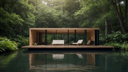 AI-Generated image of Minimalistic Modern Raft House Floating On the River