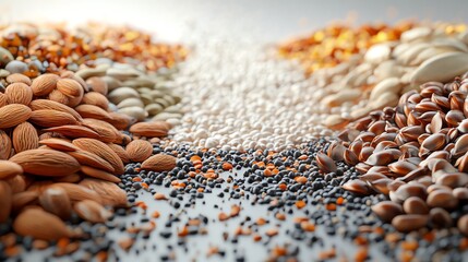 Obraz premium Diverse seeds, leftaligned, white blank space, 3D illustration