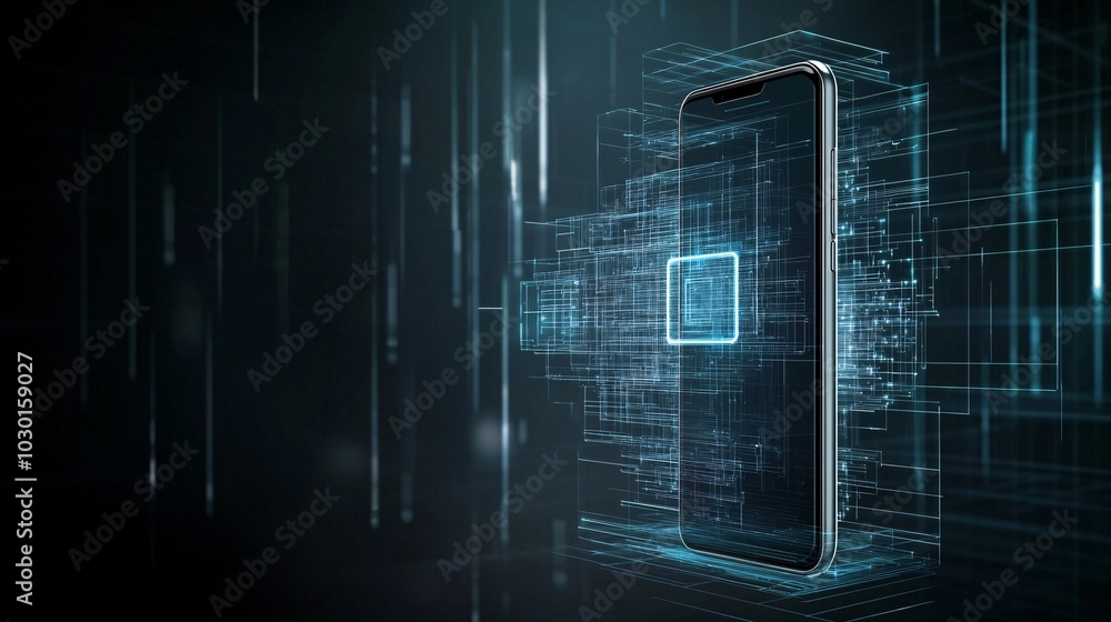 Aufkleber a mobile phone displaying a 'privacy first' logo, with layers of encrypted data flowing into the pho