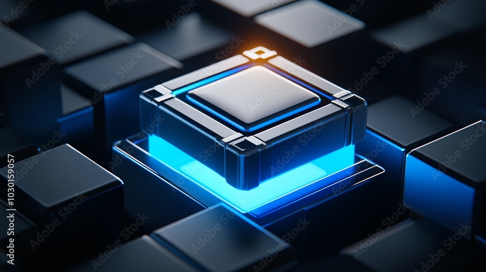 Poster an ai assistant glowing in blue light, securely holding private information in the form of glowing d