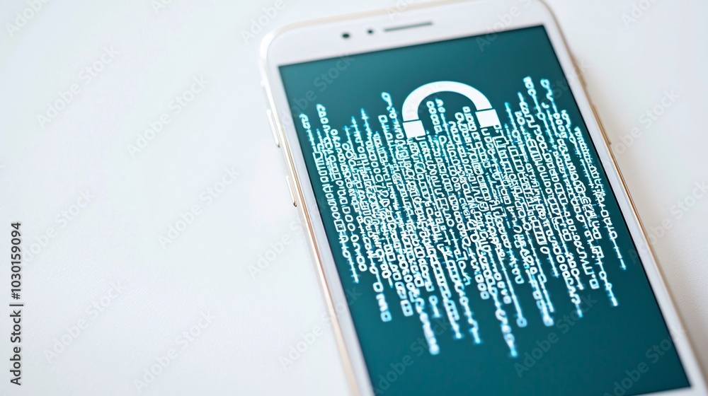 Poster a mobile phone displaying a 'privacy first' logo, with layers of encrypted data flowing into the pho