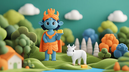 Fototapeta premium A colorful, whimsical sculpture featuring a blue deity holding cheese, accompanied by a white cow, set in a vibrant landscape with trees, hills, and a small house.