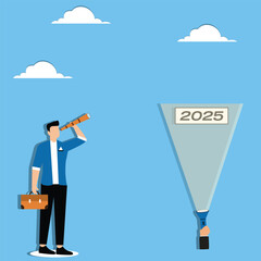 Businessmen use telescope to look at 2025, flashlight and 2025