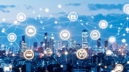 Obraz premium A futuristic cityscape made of data streams, with glowing privacy walls protecting sensitive buildings filled with personal information.