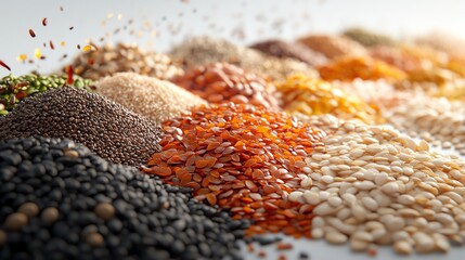 Seed diversity, rightaligned, white backdrop, 3D illustration