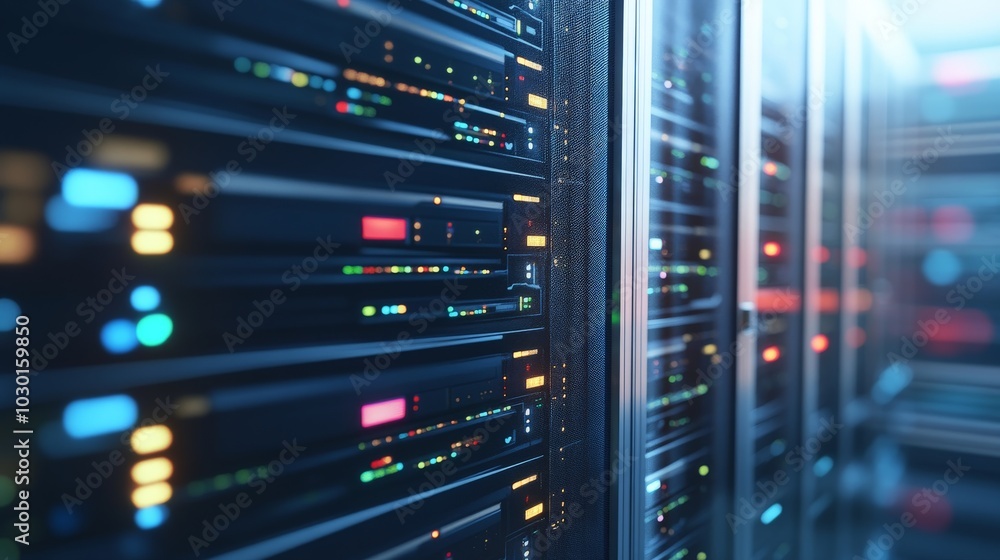 Aufkleber Server Rack with Illuminated Lights in a Data Center