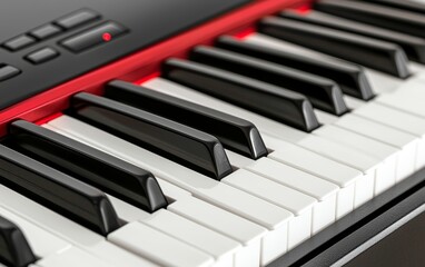 Futuristic electronic keyboard with red illuminated buttons, focus on the control panel and texture, capturing the essence of modern music technology, Music Synthesis, Creative Technology