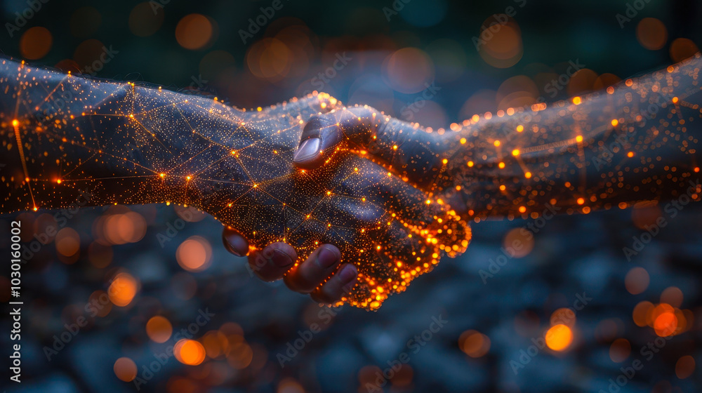 Poster digital connectivity concept: business network with handshake symbolizing customer support, evening 