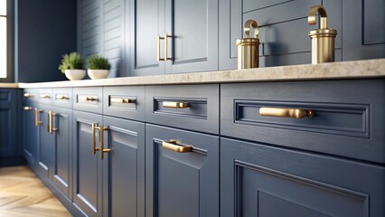 Minimalist kitchen space with navy blue shaker cabinets and brass drawer pulls
