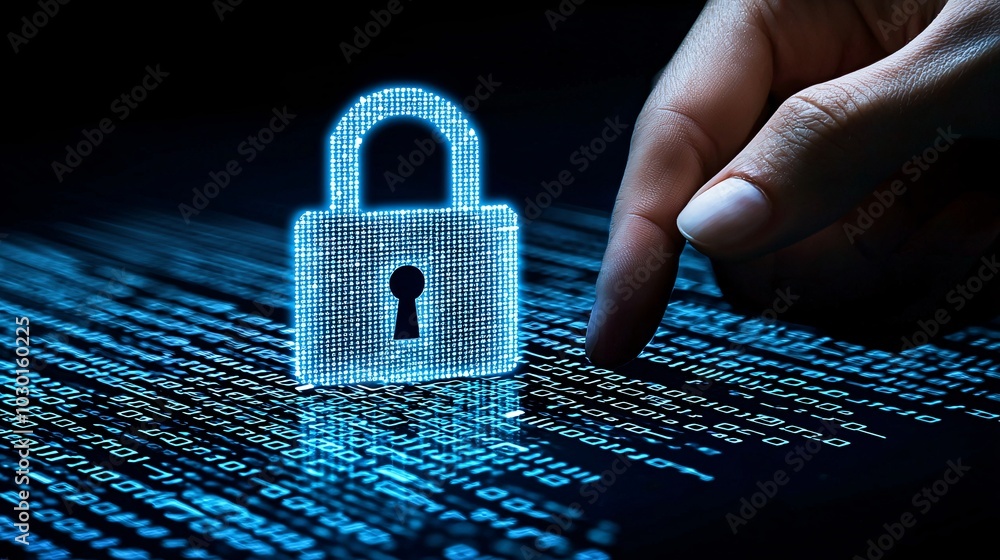 Poster a person's hand hovering over a glowing digital padlock, symbolizing secure data, with binary code s