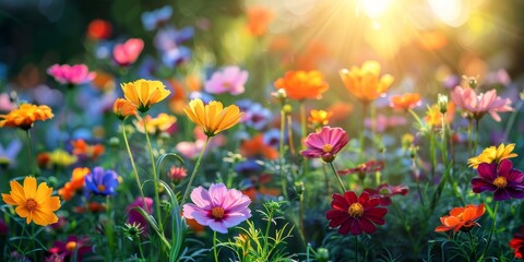 Fototapeta premium A vibrant array of blooming flowers in a sunlit garden during early springtime