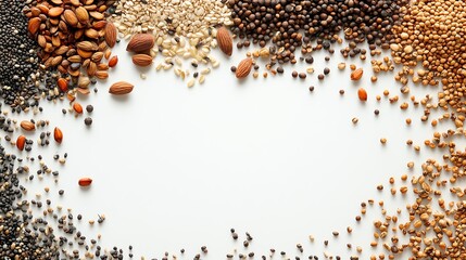 Various seeds, central empty space, white background, 3D illustration