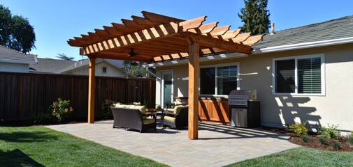 Obraz premium A backyard with a built-in outdoor kitchen, wooden pergola, and cozy seating area surrounded by low-maintenance, drought-tolerant plants