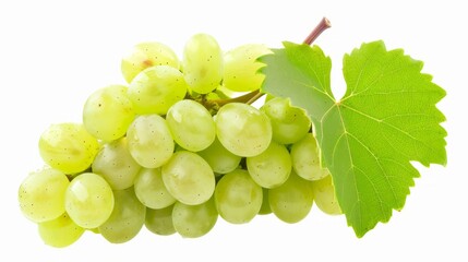 Obraz premium Captivating Sweet Green Grape Cluster: Pristine Shine Muscat Grapes with Leaves, Isolated on a White