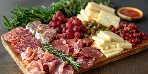 Delicious charcuterie board featuring assorted meats, cheeses, fruits, and herbs for gathering