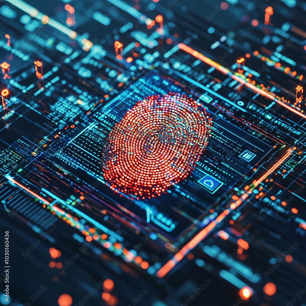 Poster a futuristic digital fingerprint being scanned, with layers of security shields and encrypted codes 