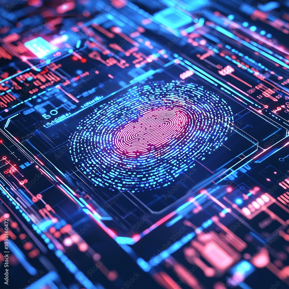 Poster a futuristic digital fingerprint being scanned, with layers of security shields and encrypted codes 