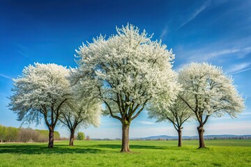 Fototapeta premium Minimalist landscape with white flower trees in early spring