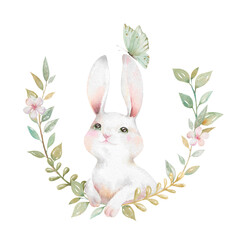 Cute white Easter bunny hand drawn watercolor illustration isolated on white background
