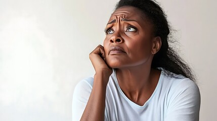 This highquality stock photo captures the raw emotions of a middleaged black woman as she appears deeply concerned and troubled